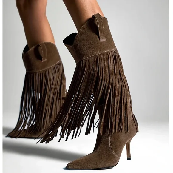 Schultz Brown Suede Fringe Heeled Boots - Picture 2 of 3